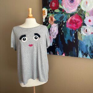 Kate Spade Broome Street Face Tee XL Graphic Eyelash Lips Cute Novelty Top